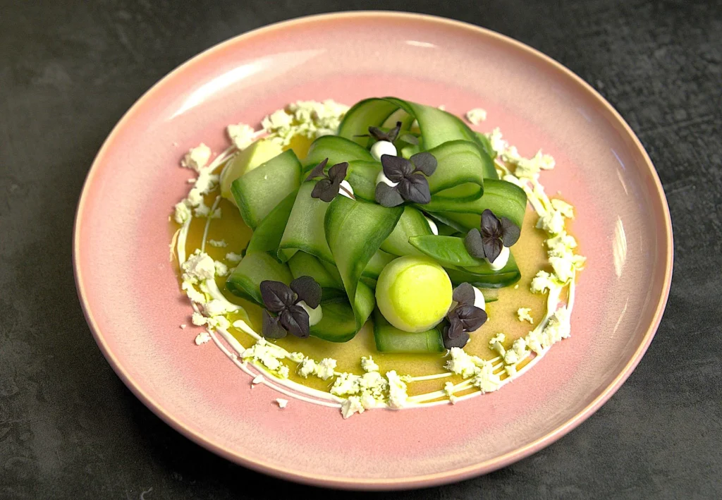 Red basil cress on cucumber carpaccio